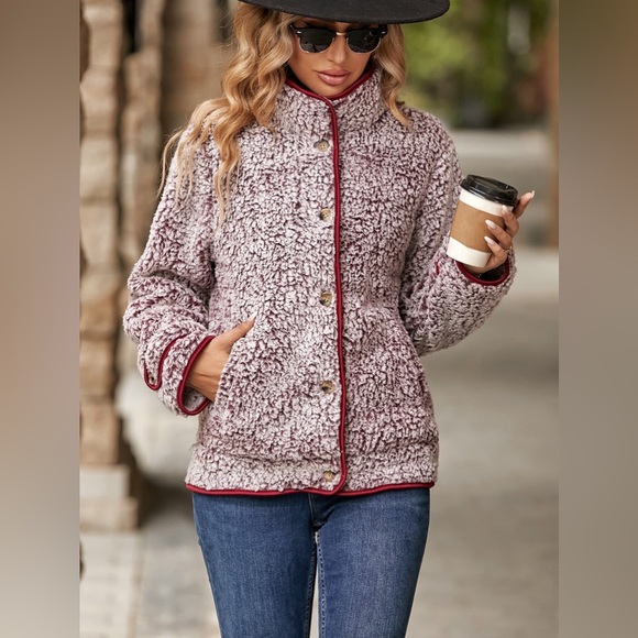 Fuzzy Pocketed Button Up Jacket - Picture 1 of 12